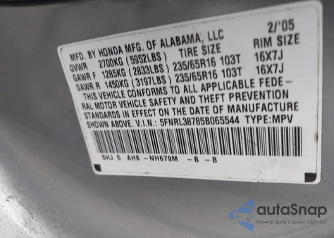2005 Honda Odyssey Ex-L z USA, uszkodzony, nr VIN 5FNRL38785B065544